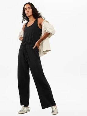 Athleta Coaster Luxe black wide leg flare jumpsuit with drawstring waist sz 8